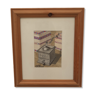 Signed and framed watercolour depicting a coffee grinder, 2010