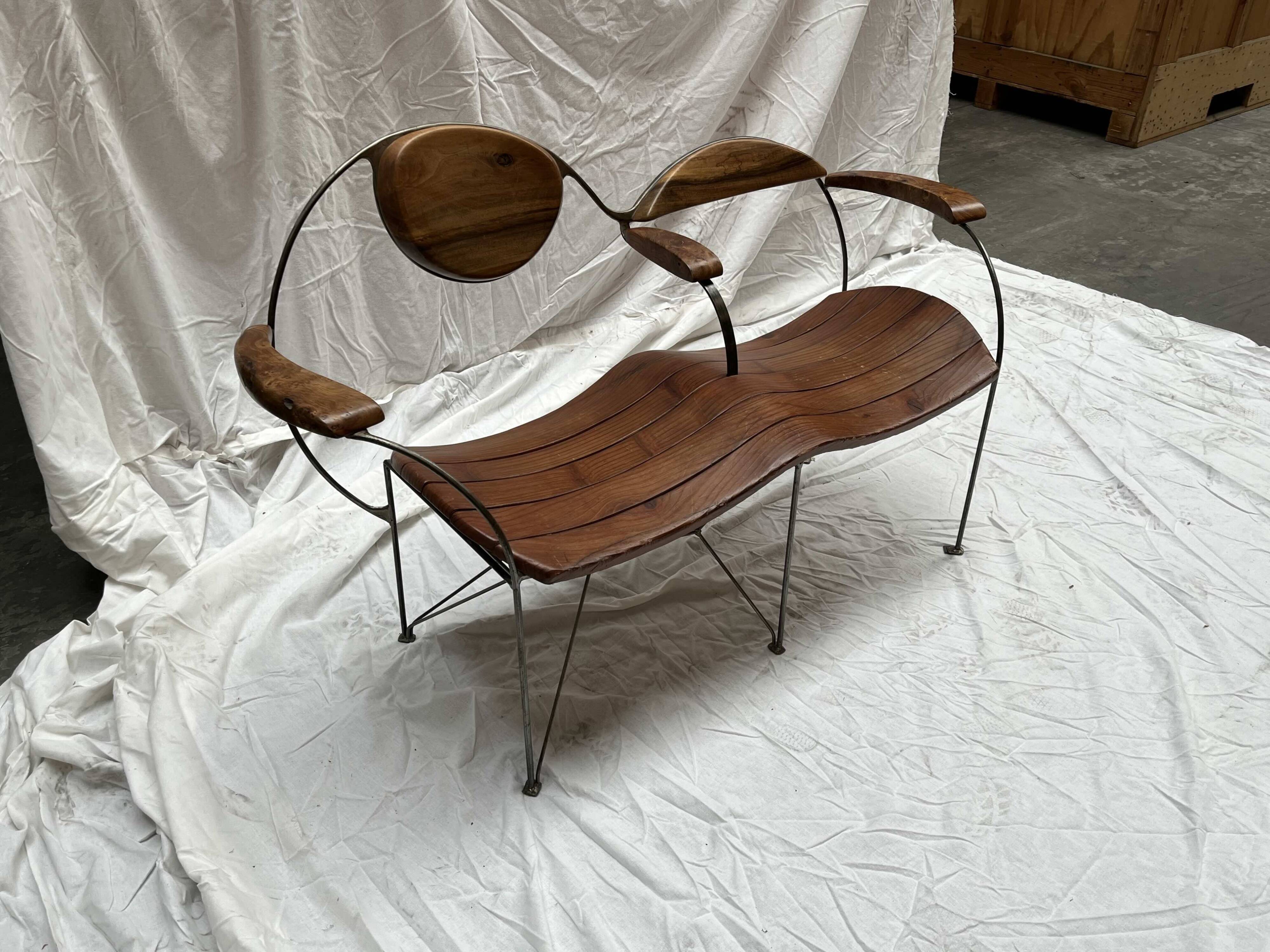 Contemporary double bench in wood and metal by Francis Veillerot (2004)