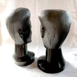 Two large Makonde warrior heads in ebony circa 1940