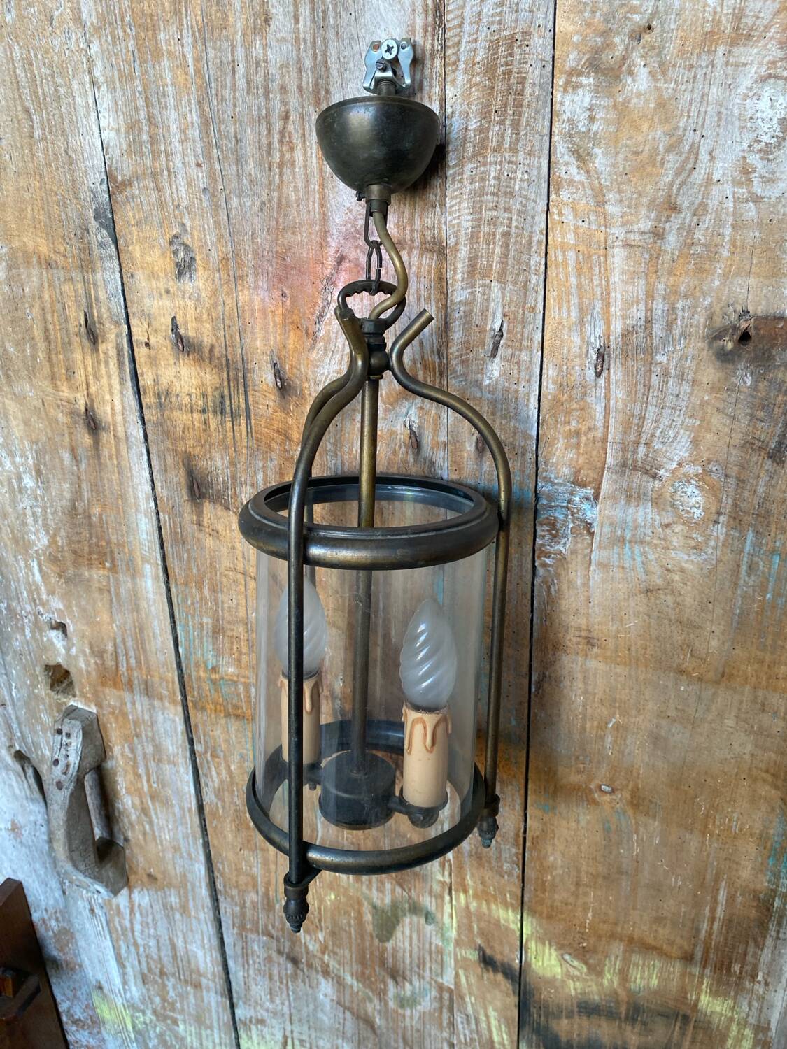 Antique brass lantern pendant light 2 lights + vintage glass cylinder