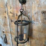 Ancienne suspension lanterne laiton 2 lumières + cylindre verre vintage