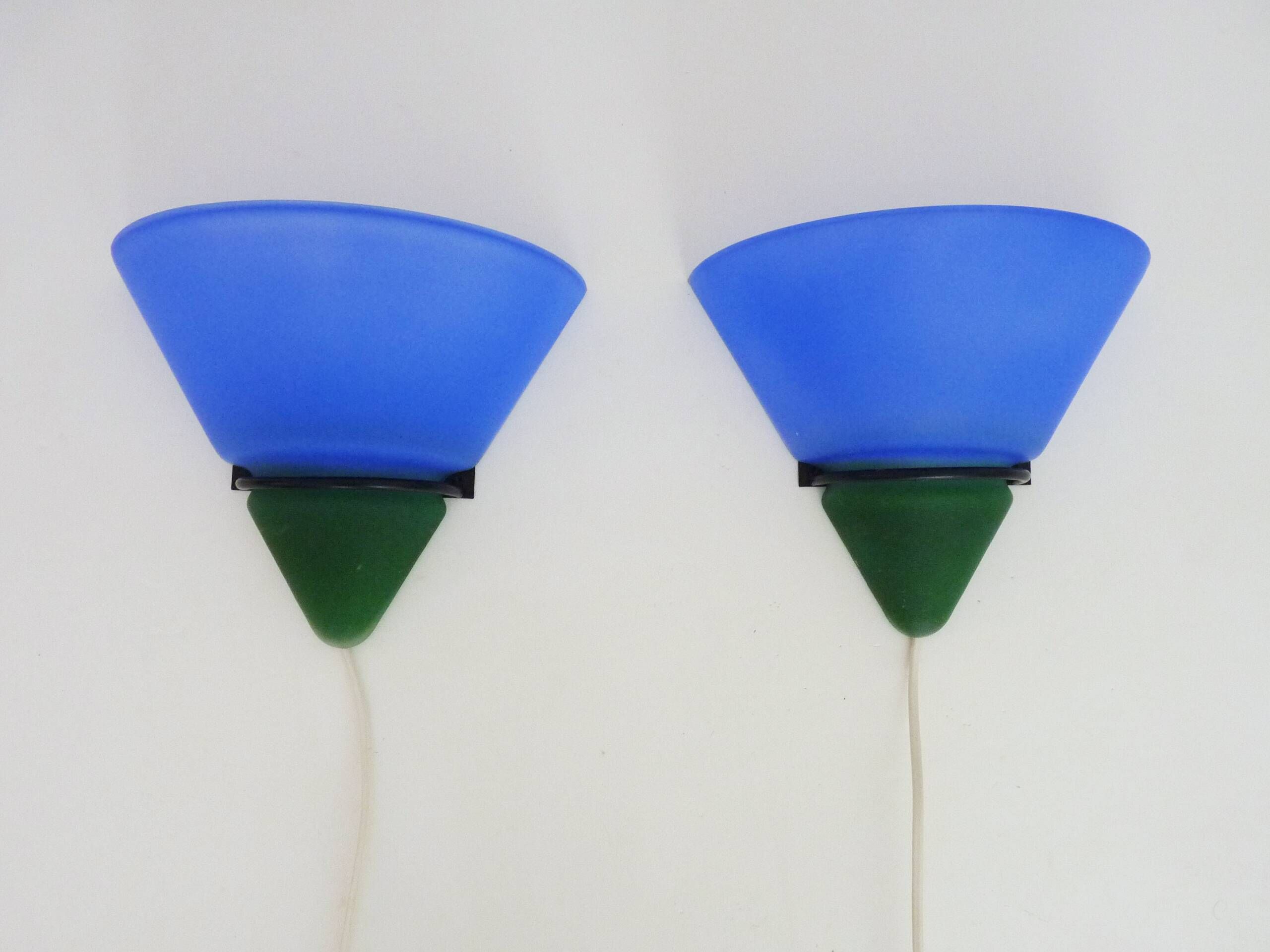 Pair of vintage Vandeheg Lotus blue and green wall sconces. 1980s