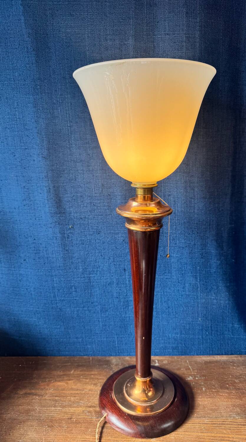 Mazda lamp – mahogany, copper and opaline – 1930s