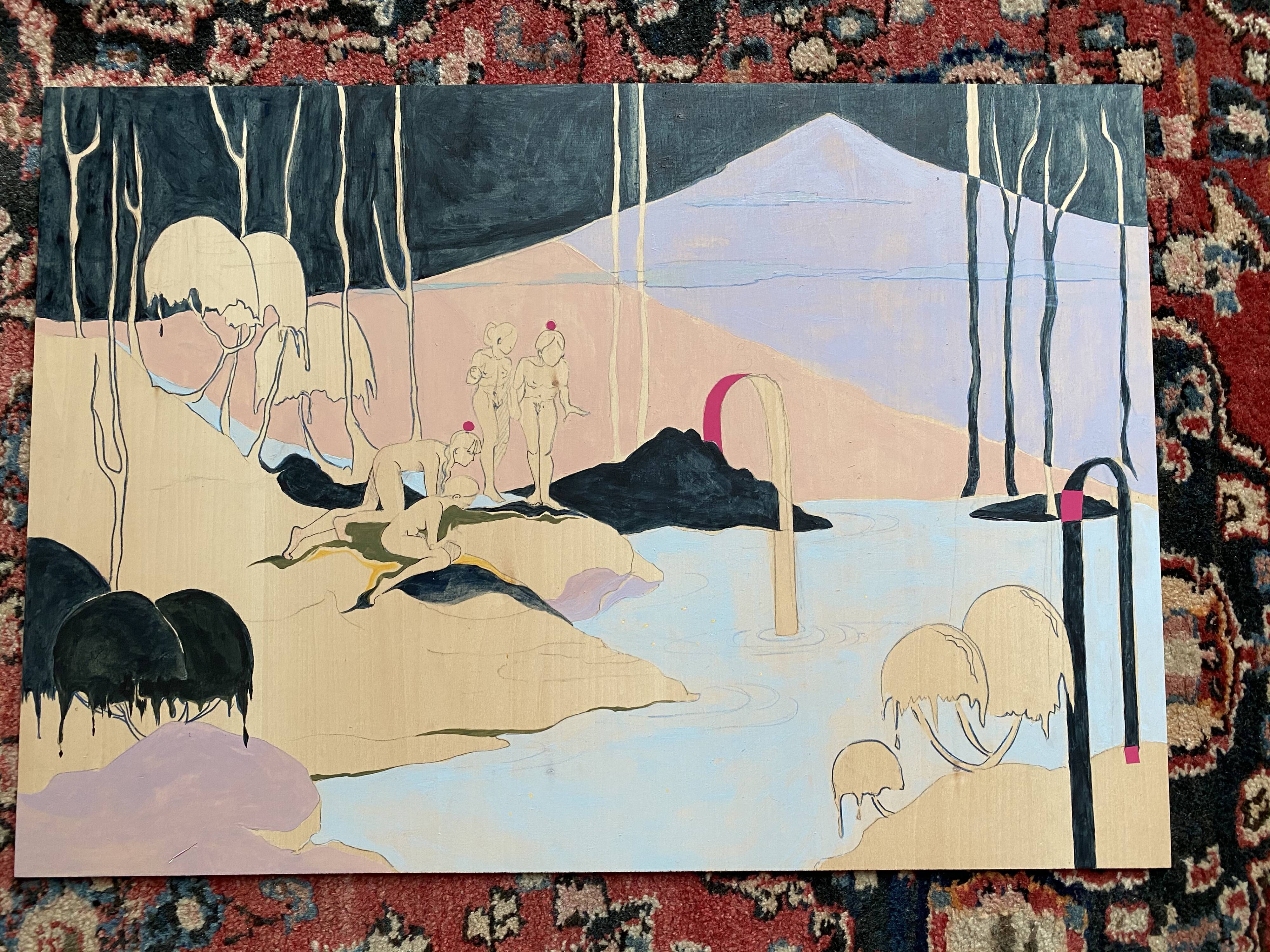 "raspberry pink arches and golden fishes"