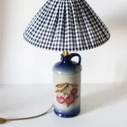 Vintage table lamp Hautlalampe: blue Alsace stone base and pleated Vichy shade.