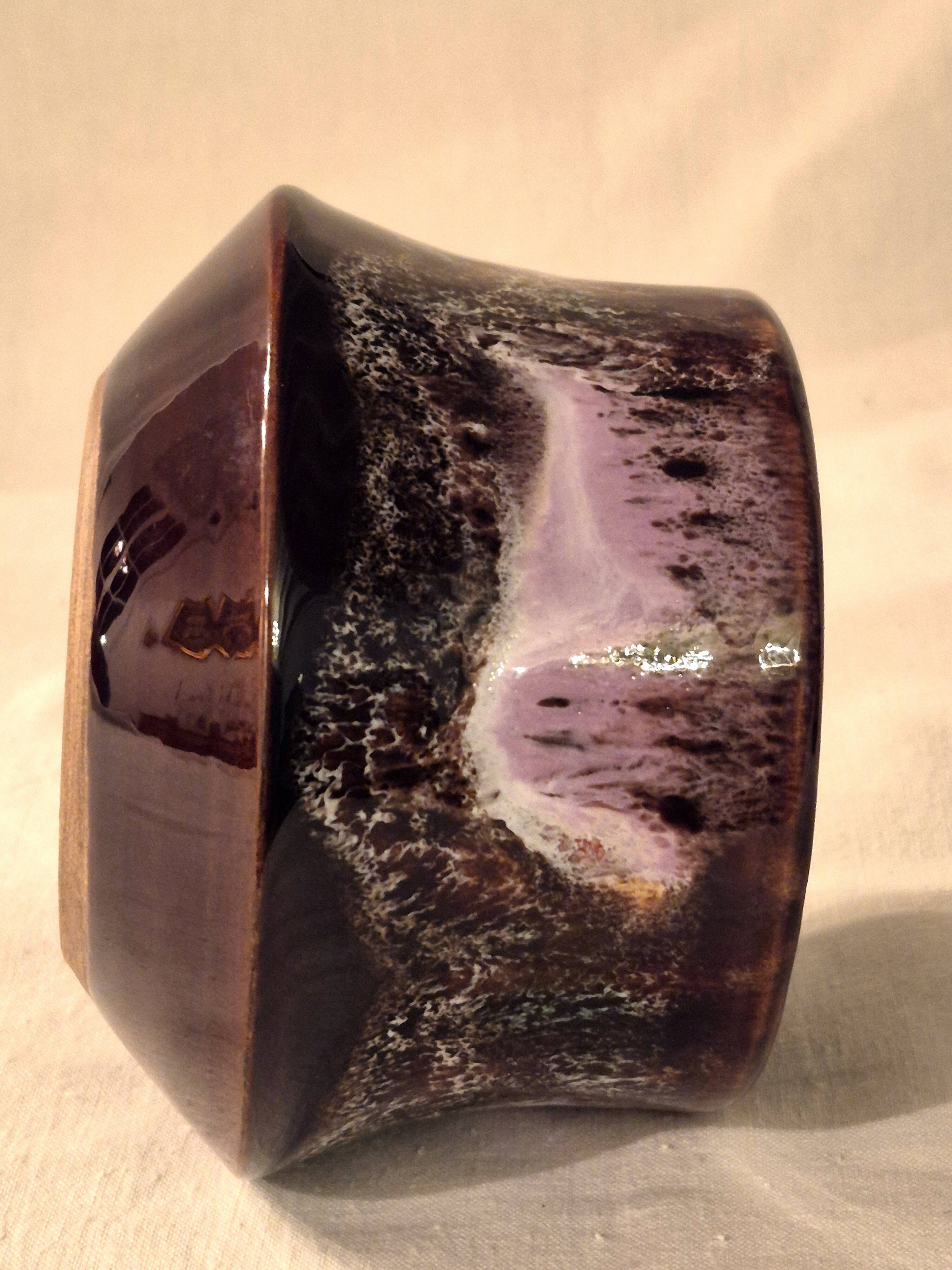 Covered sugar bowl Vallauris glazed ceramic brown old pink A152-3