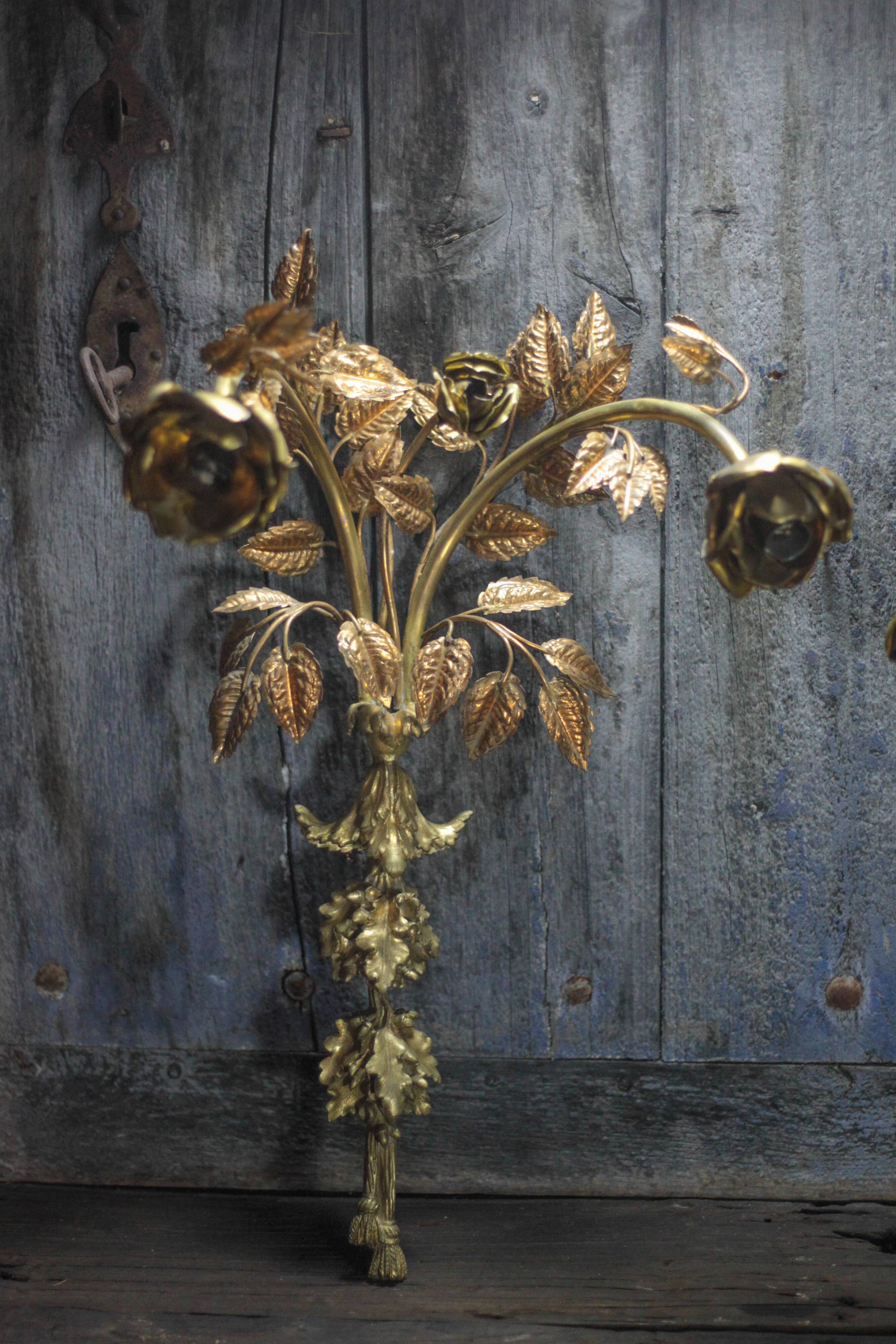Pair of bronze and gold metal floral wall sconces, flower wall lamp.