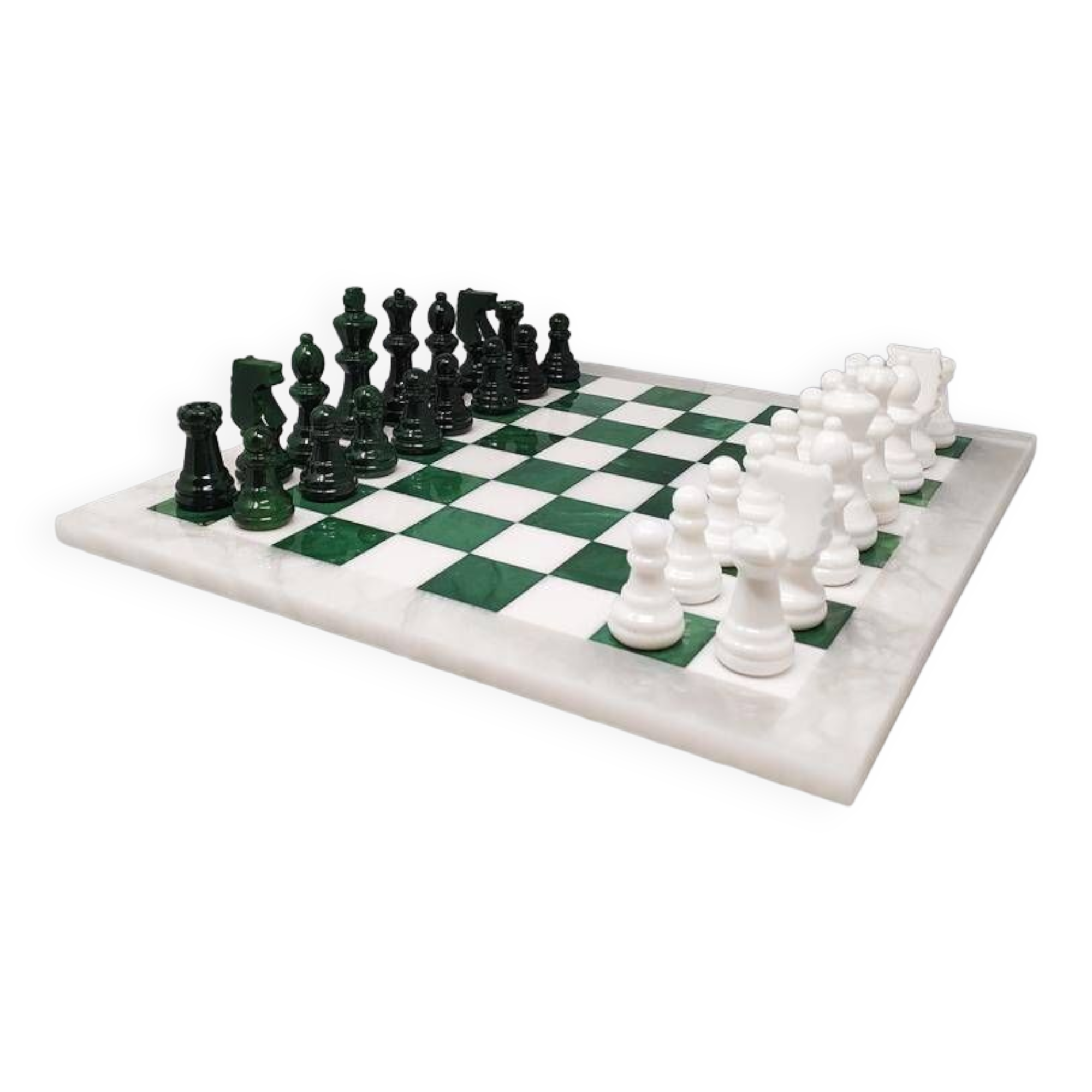 Ensemble D'échecs Noirs Et Blancs Des Années 1960 En Albâtre Volterra Fait à La Main Avec Boîte