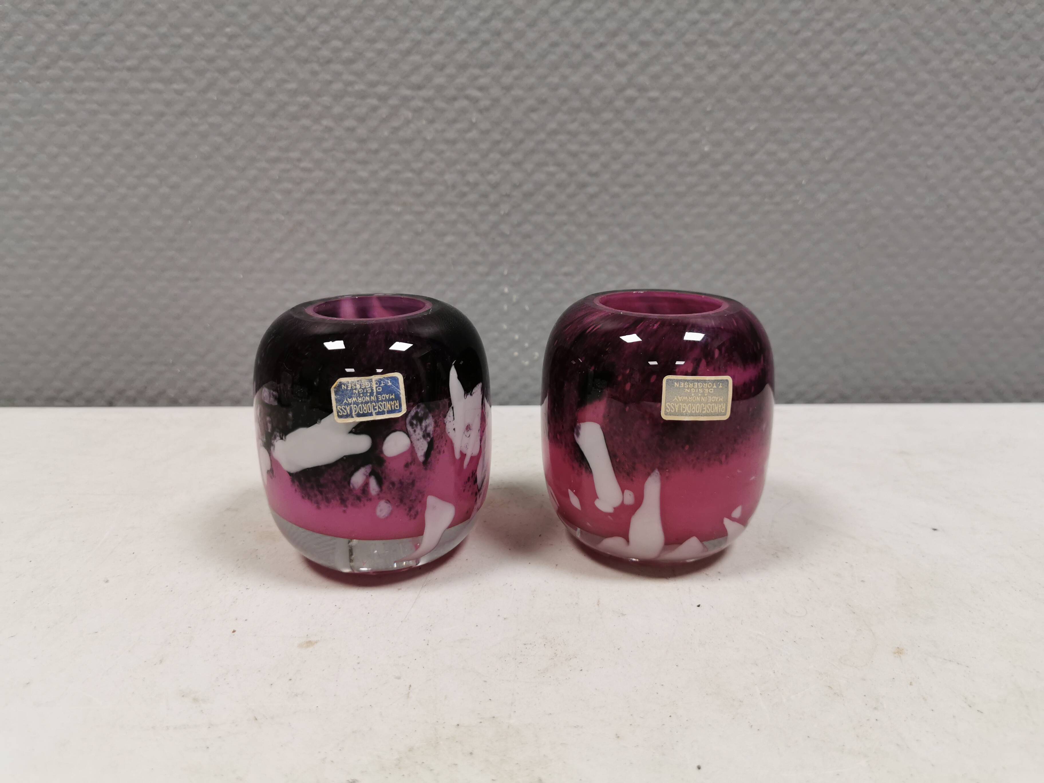 A set of designer candlesticks/vases in glass. Norway 1980s