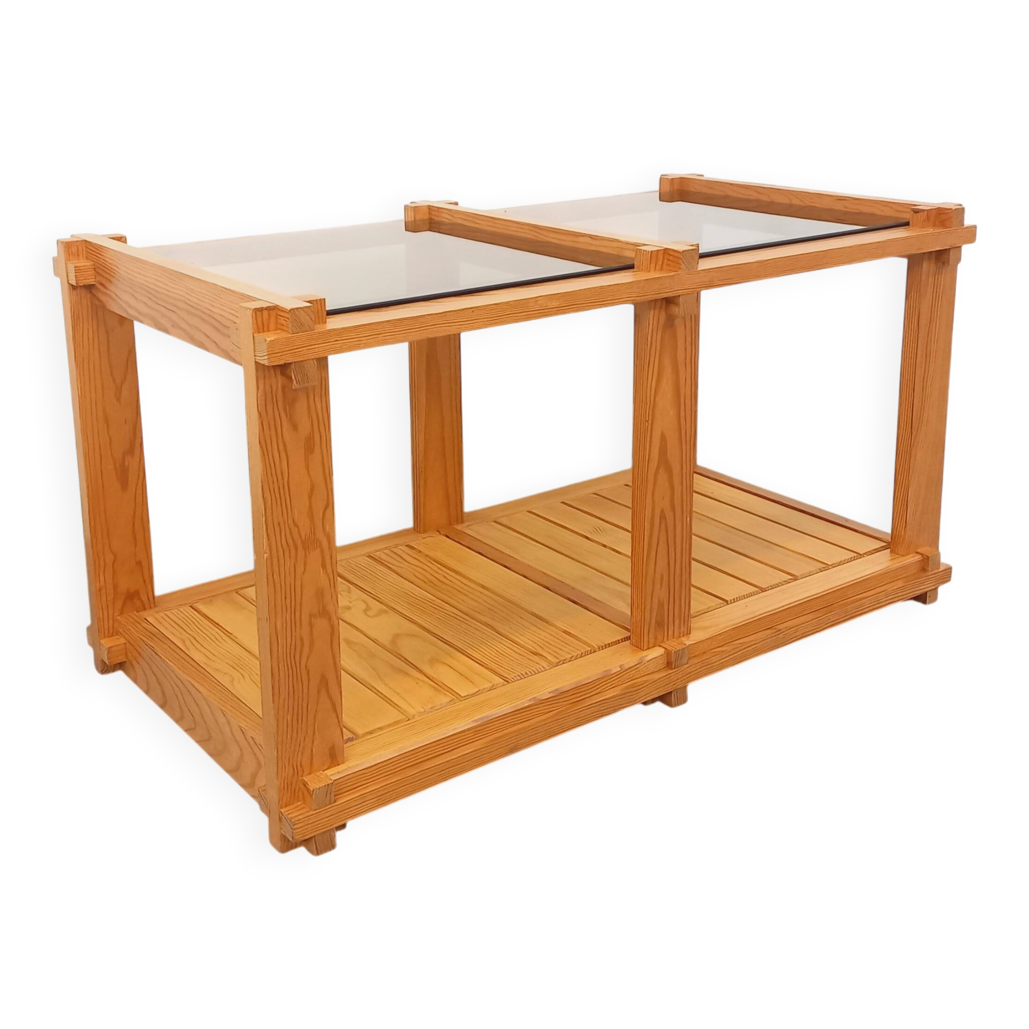 Vintage rectangular coffee table in pine and smoked glass from the 70s and 80s.