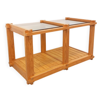 Vintage rectangular coffee table in pine and smoked glass from the 70s and 80s.