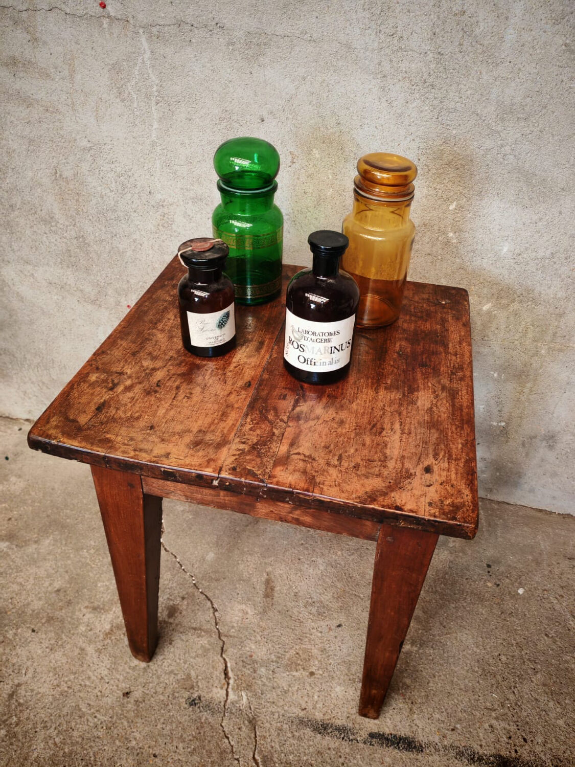 Small farmhouse table, low and square.