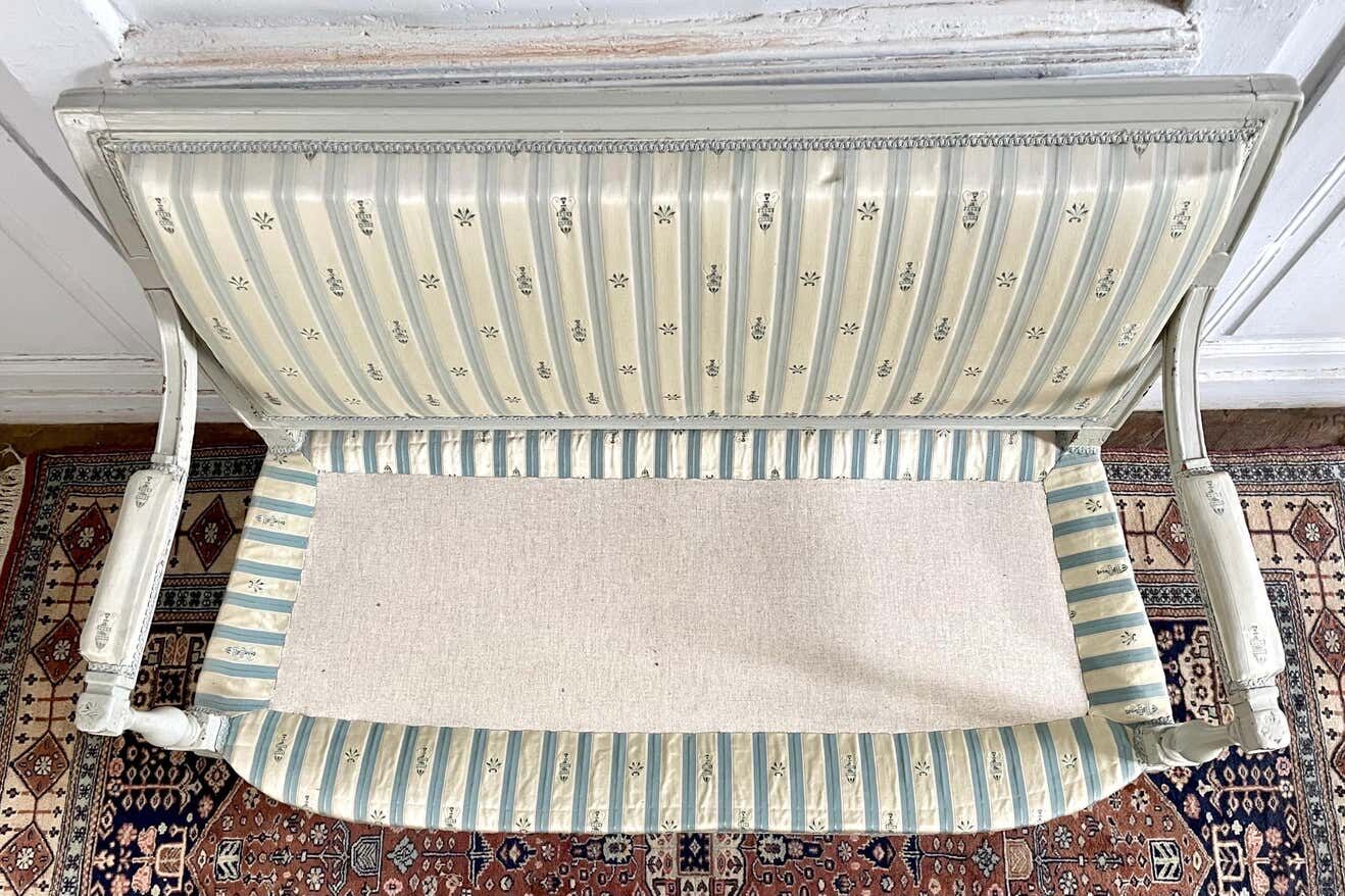 Directoire French silk sofa bench with blue, grey and white 18th century patterns