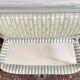 Directoire French silk sofa bench with blue, grey and white 18th century patterns