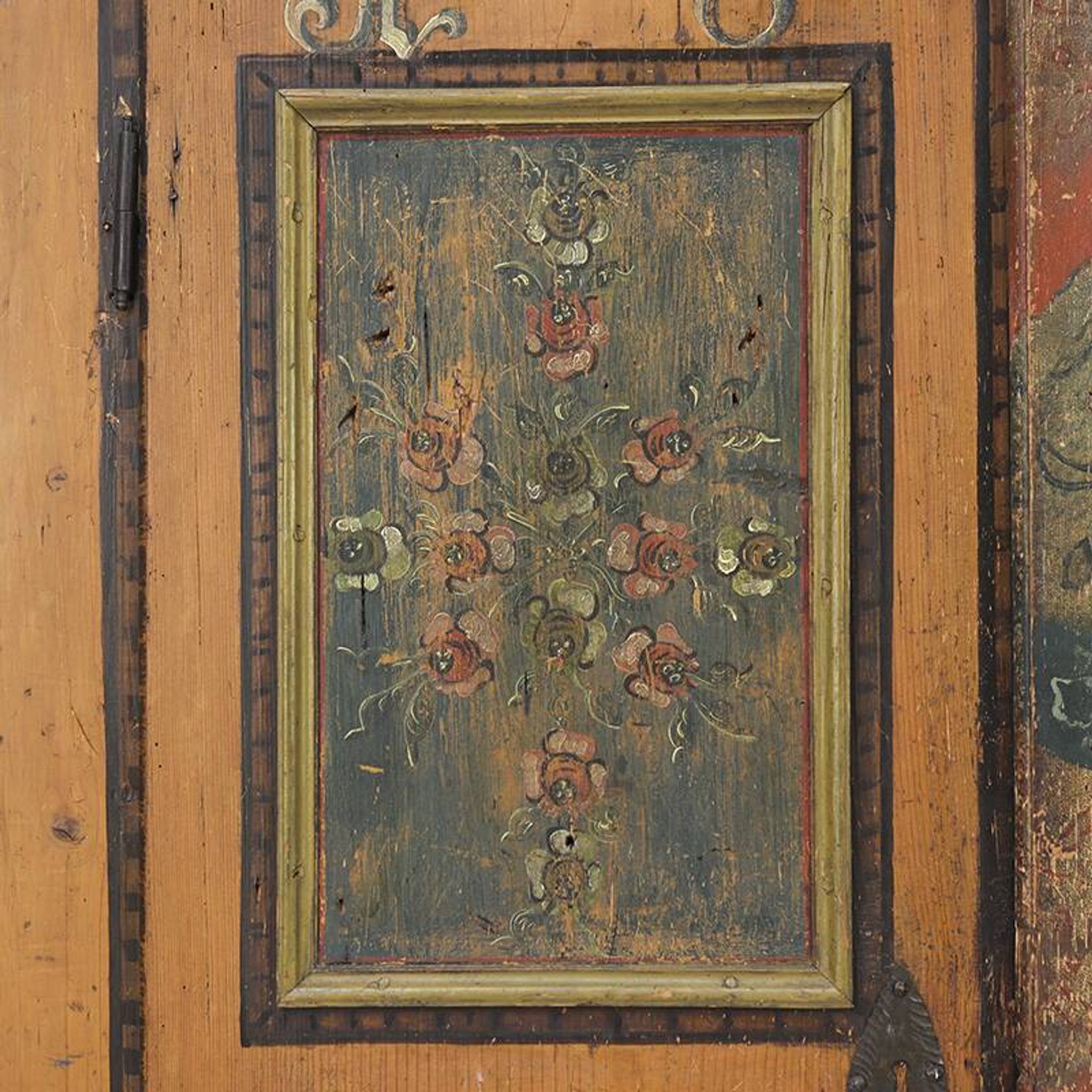 Antique Rustic Farmhouse Folk Art Painted Bridal Cabinet 1822