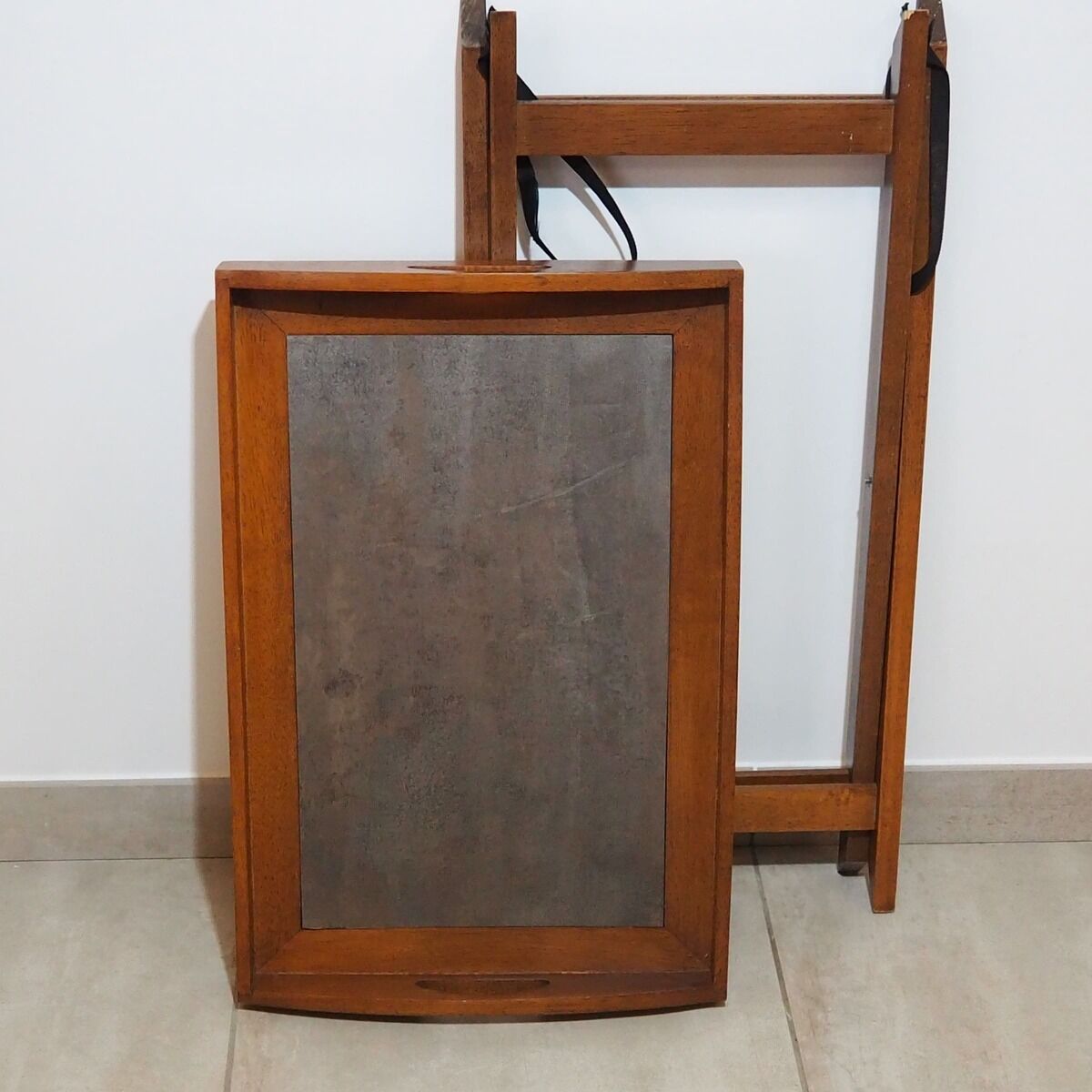 Large wooden tray on folding stand
