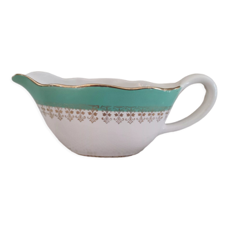 Digoin Sarreguemines opaque porcelain sauce boat water-green décor and golden frieze