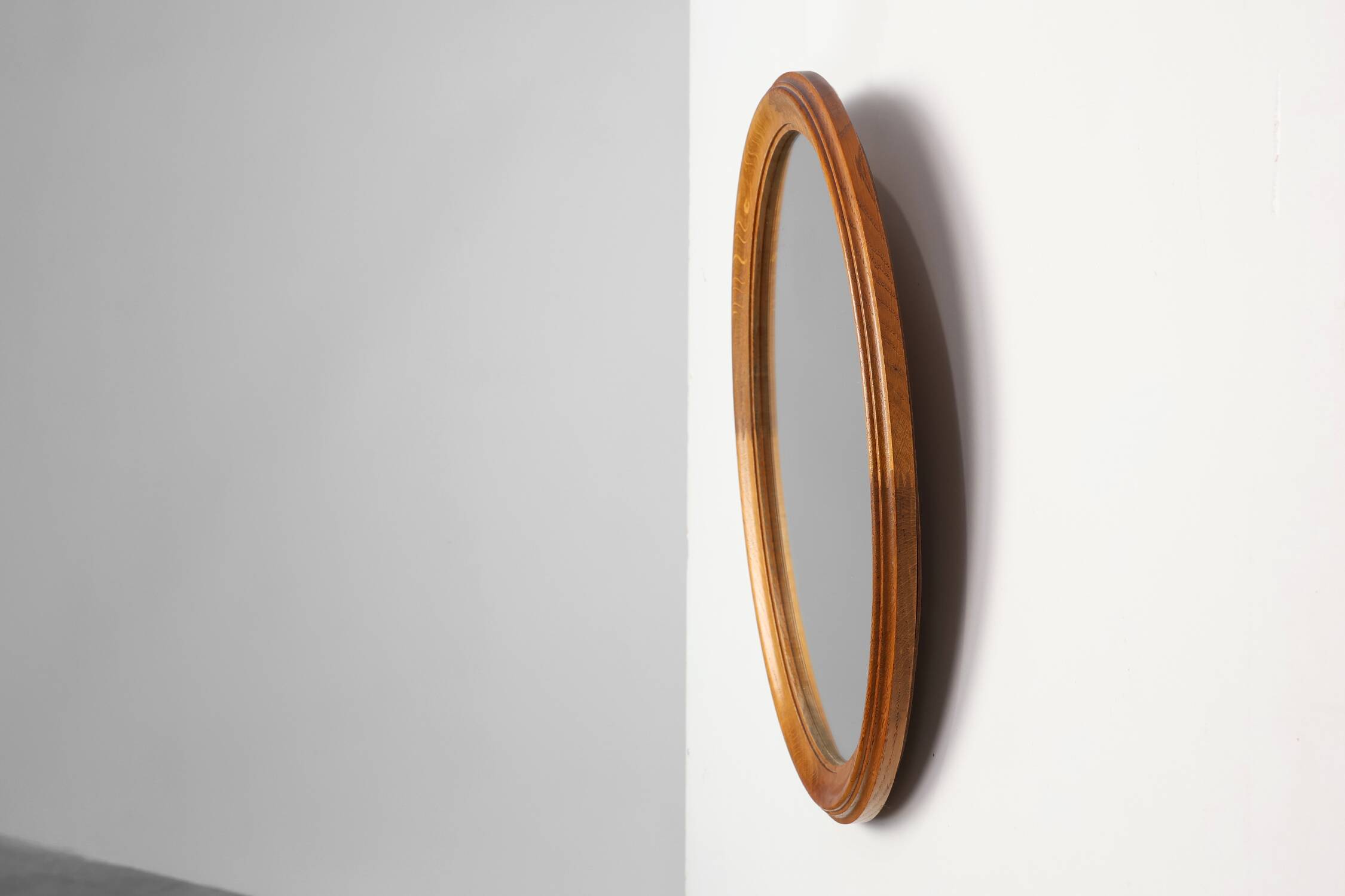 Mid century oval oak Mirror, Belgium 1950s