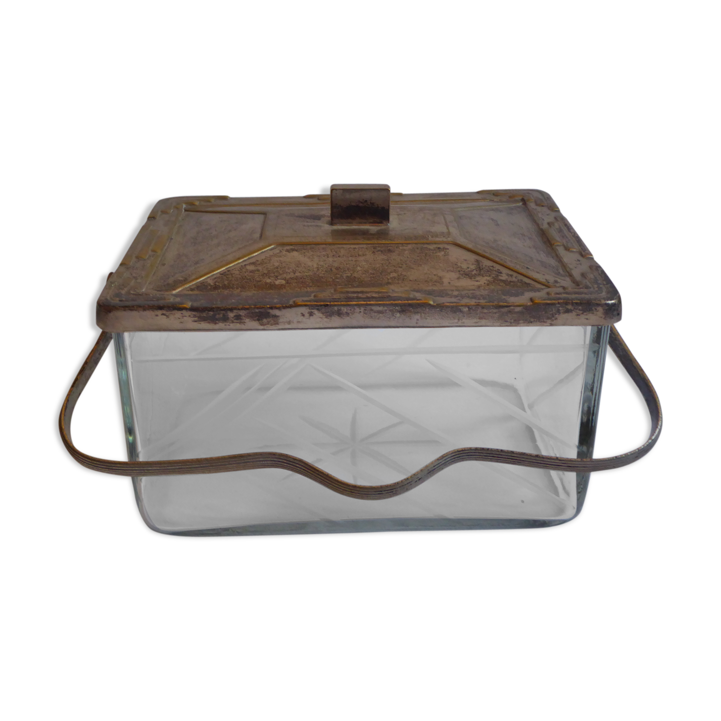 Art Deco vintage glass and silver metal cookie box