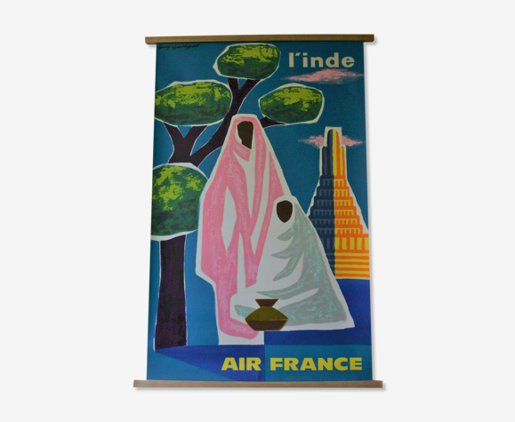 Affiche originale Inde avec cadre en bois, Air France