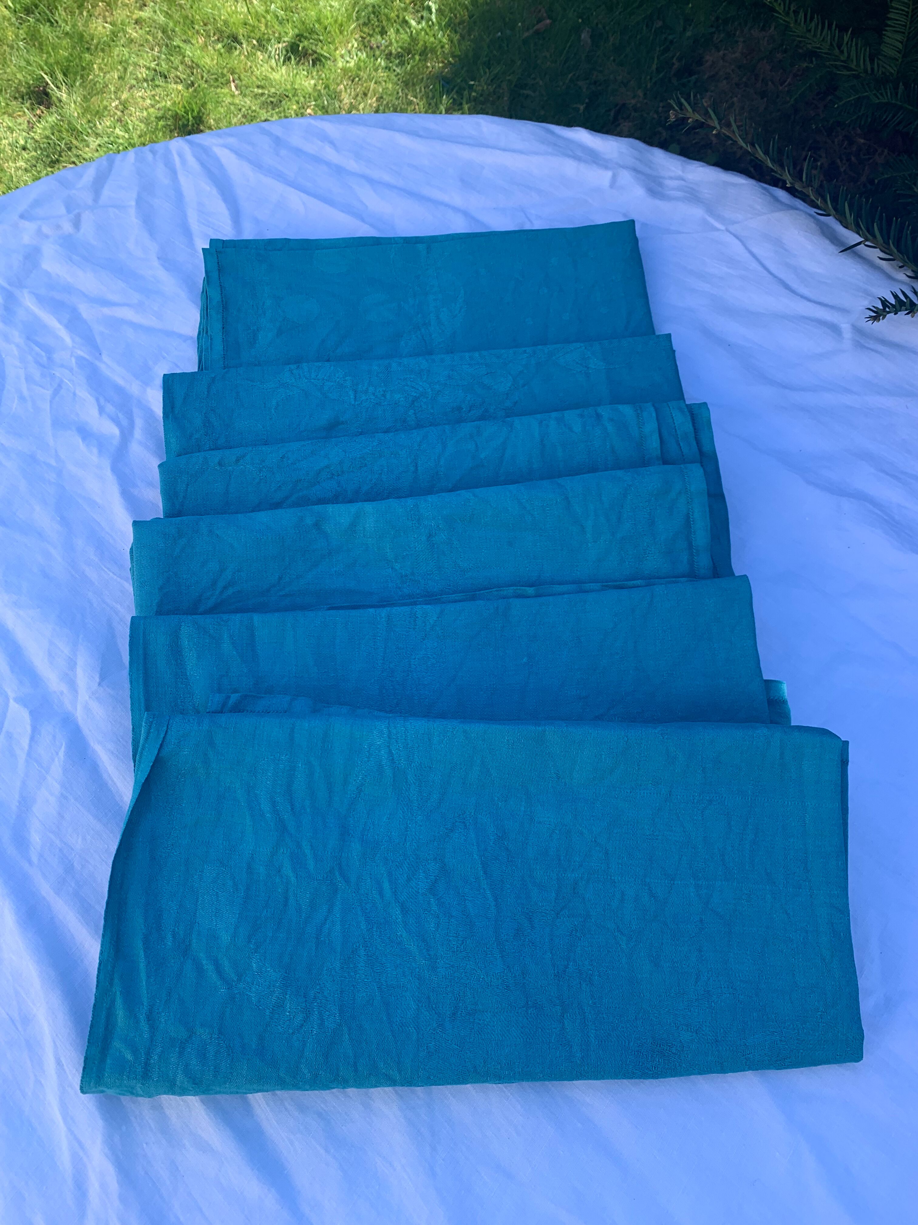 6 serviettes en coton damassées teintées bleues émeraude