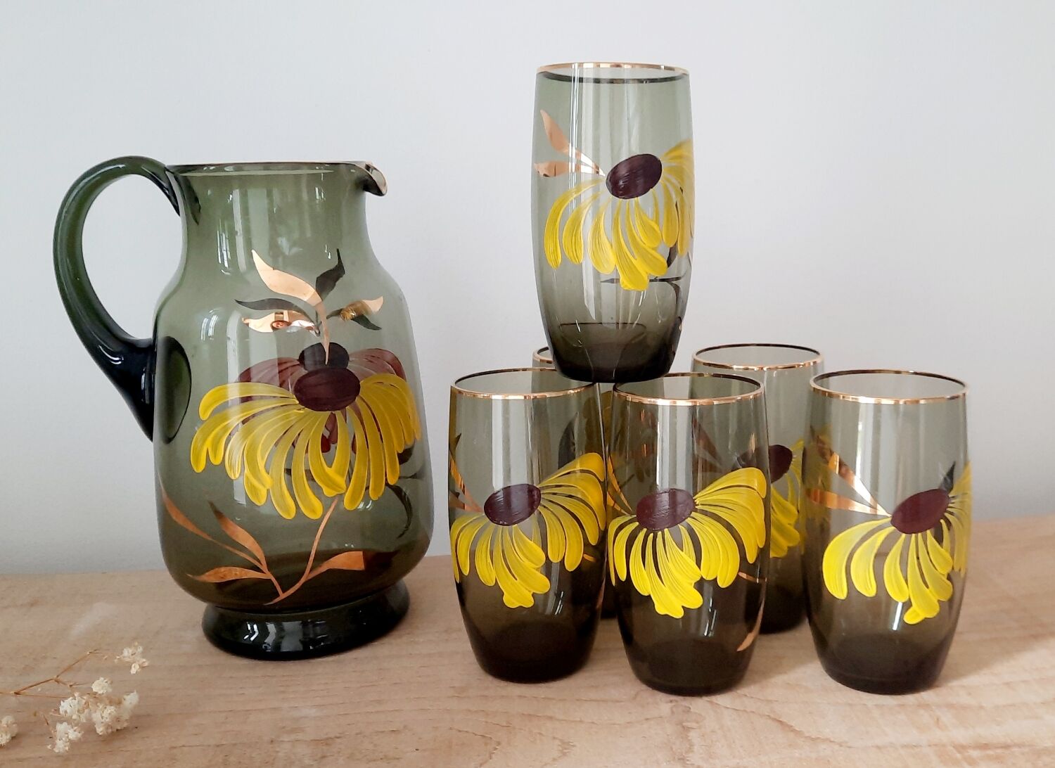 Vintage smoked amber glass pitcher