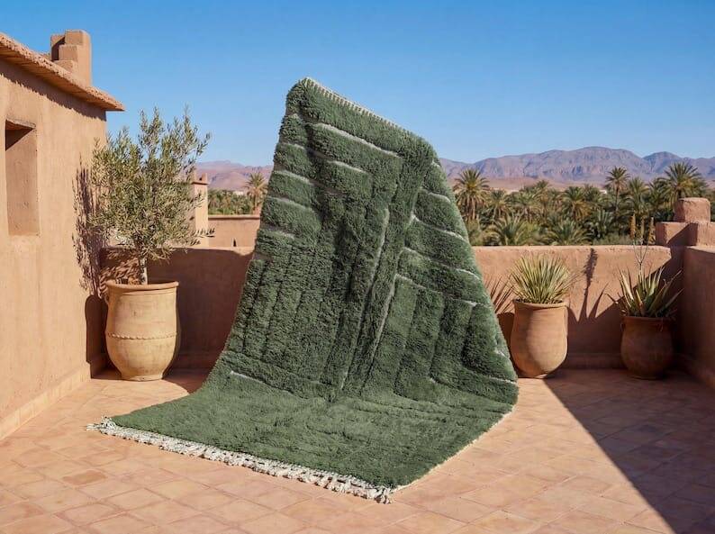 Traditional pure wool green beni ourain rug size 150x250 cm