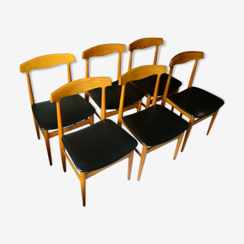 6 chaises scandinaves années 70 teck simili cuir noir