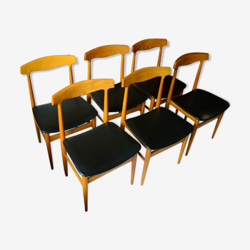 6 Scandinavian chairs 70s faux black leather teak