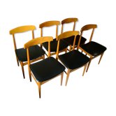 6 chaises scandinaves années 70 teck simili cuir noir