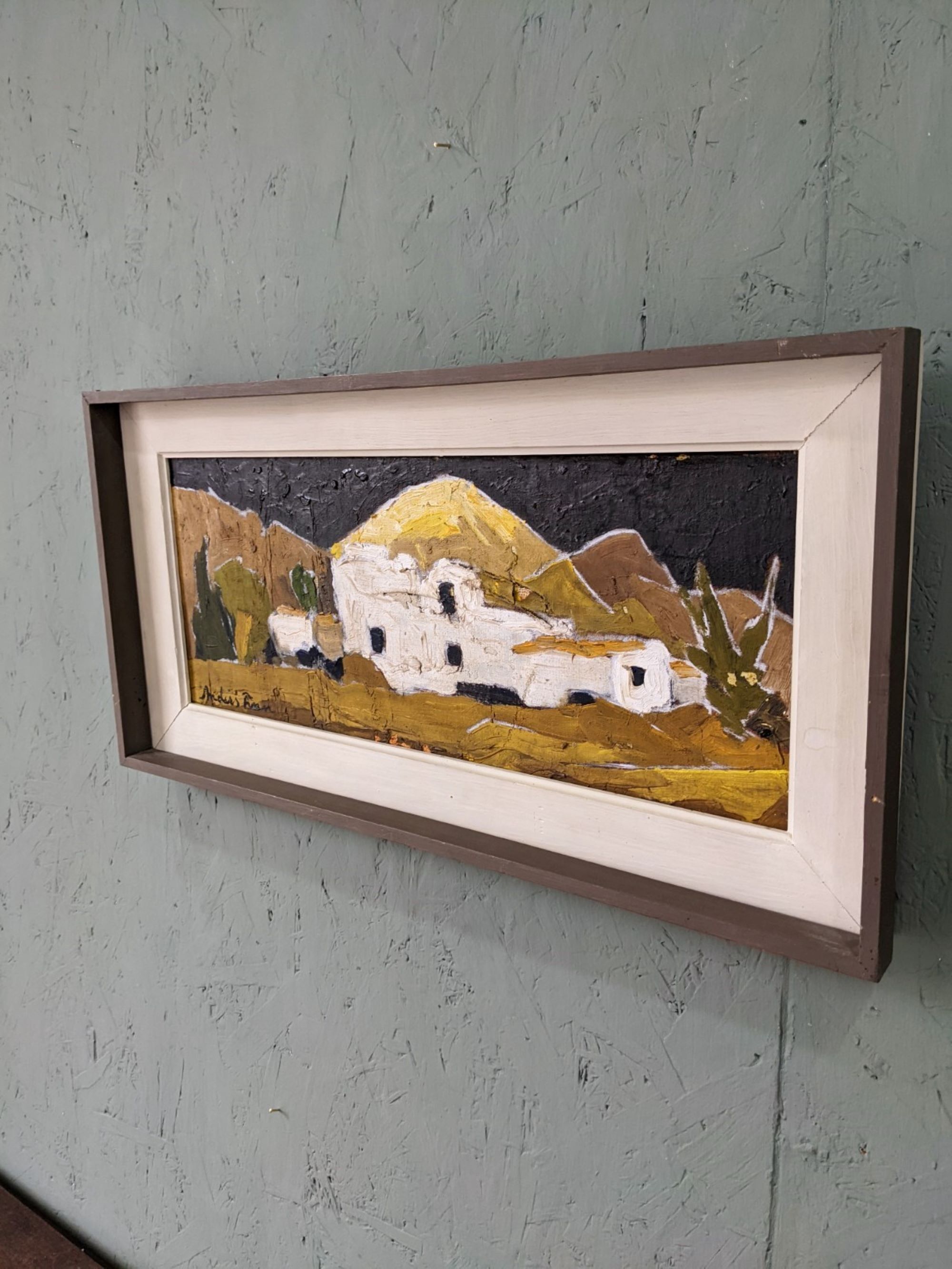 Mid-Century Modern Swedish Oil Painting "White Village" Vintage Framed Landscape
