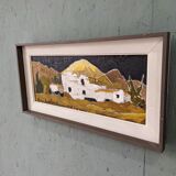 Mid-Century Modern Swedish Oil Painting "White Village" Vintage Framed Landscape