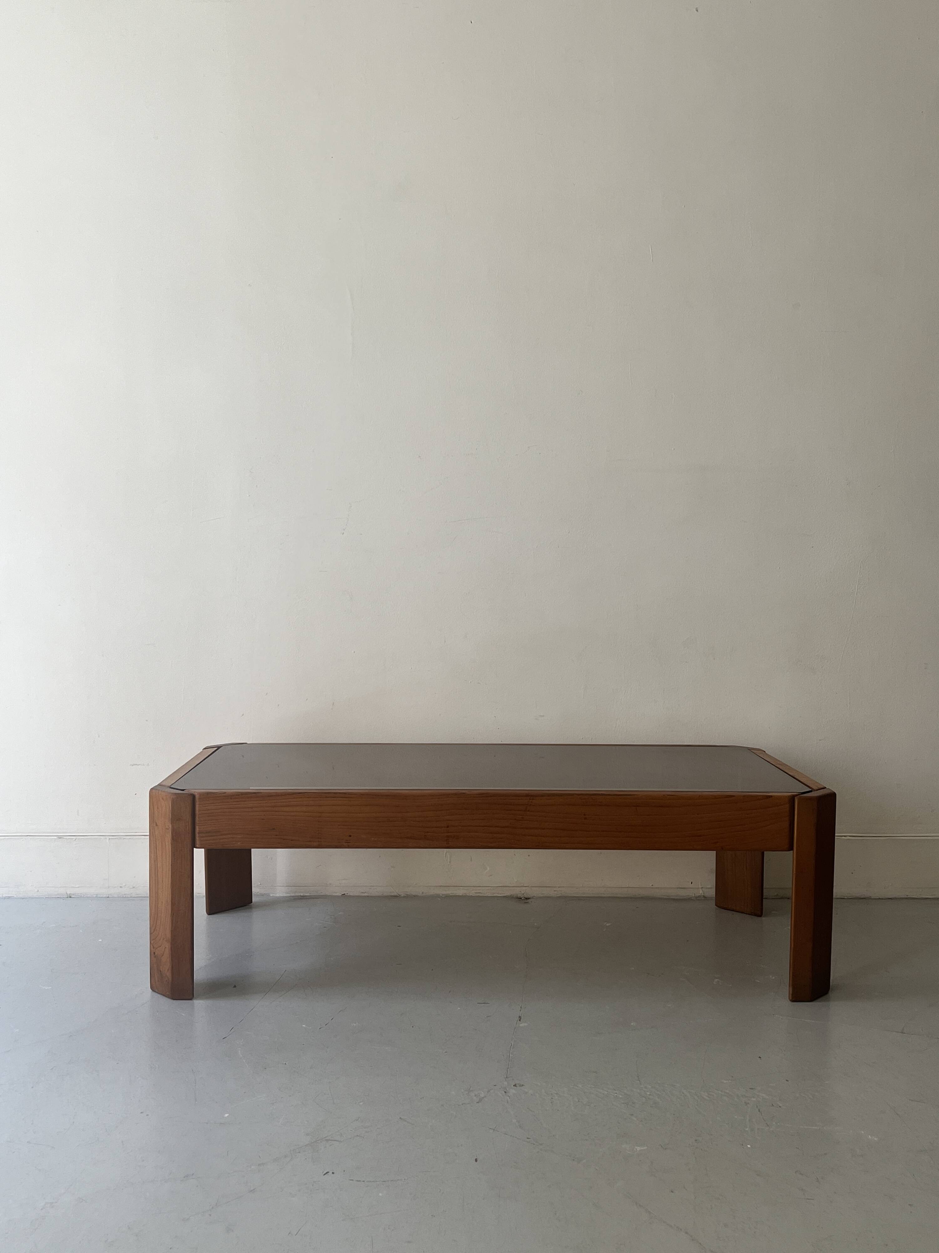 Vintage coffee table in elm and smoked glass, Maison Regain 1970