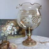 Table lamp with bronze base, round globe with amber and granite ruffles, retro chic