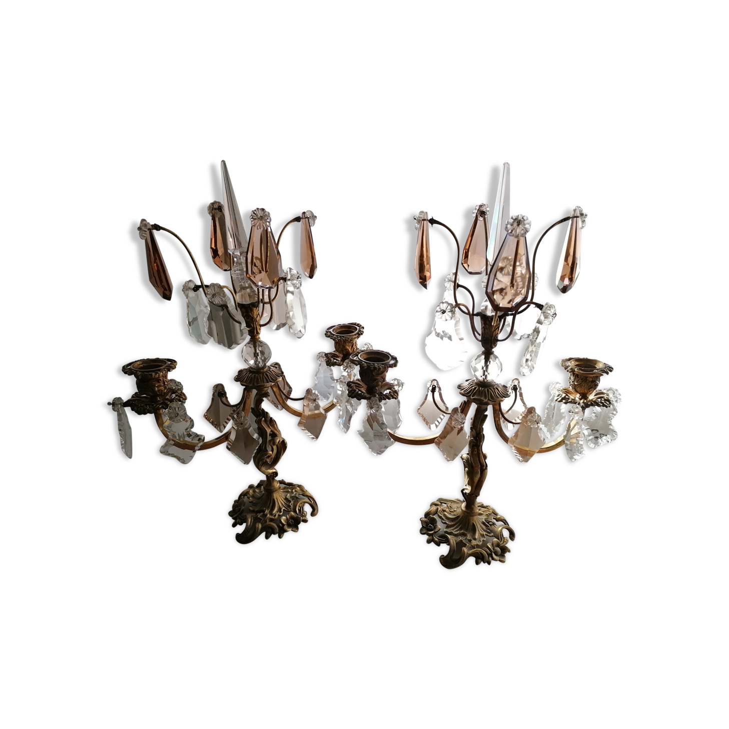 Pair of girandoles, candlesticks with crystal tassels