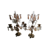 Pair of girandoles, candlesticks with crystal tassels
