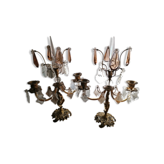 Pair of girandoles, candlesticks with crystal tassels