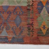 6x13 Kilim Red & Blue Long Wide Ethnic Pattern Wool Kilim Rug, 176x390 Cm