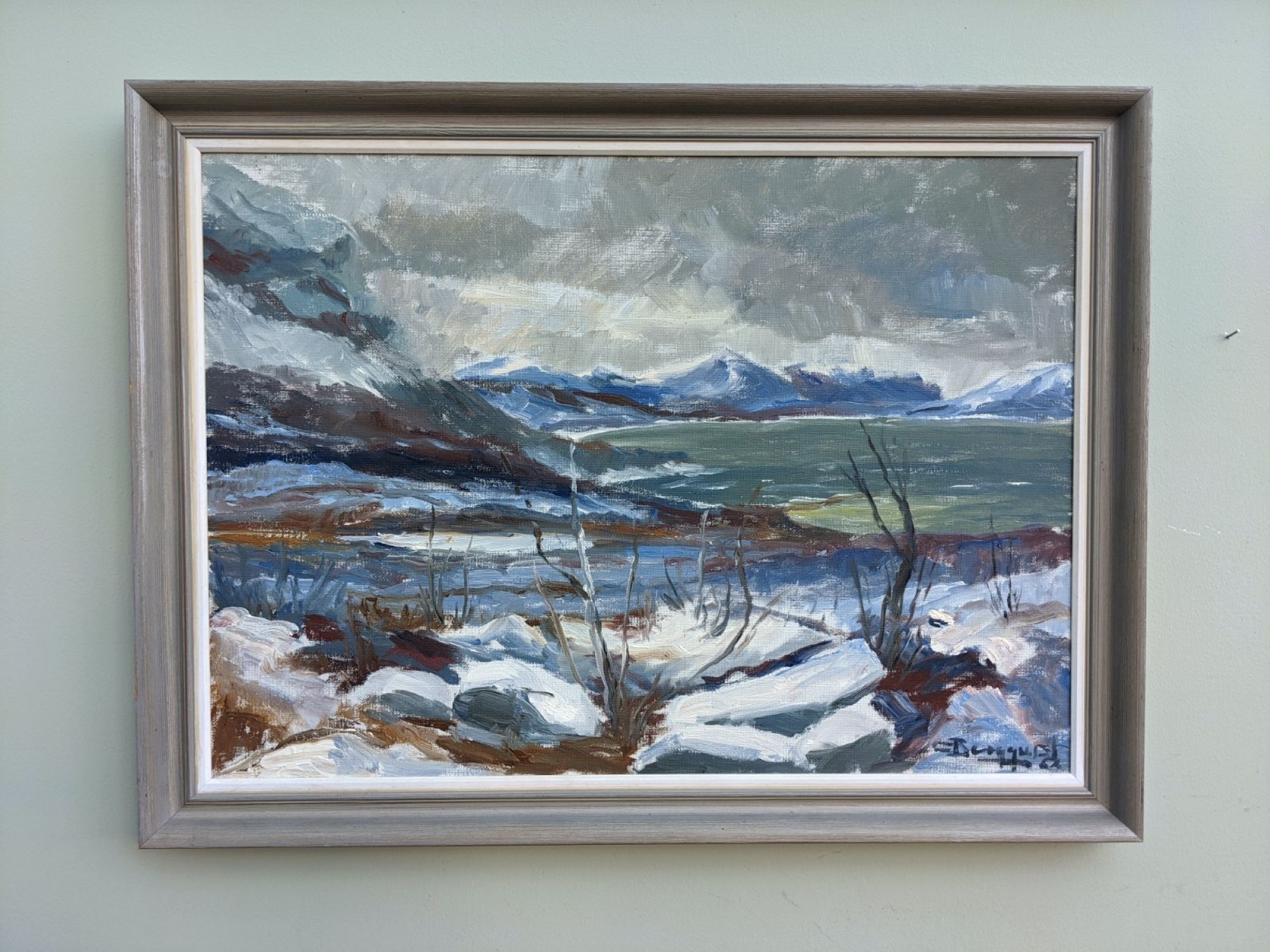Mid 20th Century "The Mountains" Swedish Expressionist Winter Landscape Oil Painting, Framed