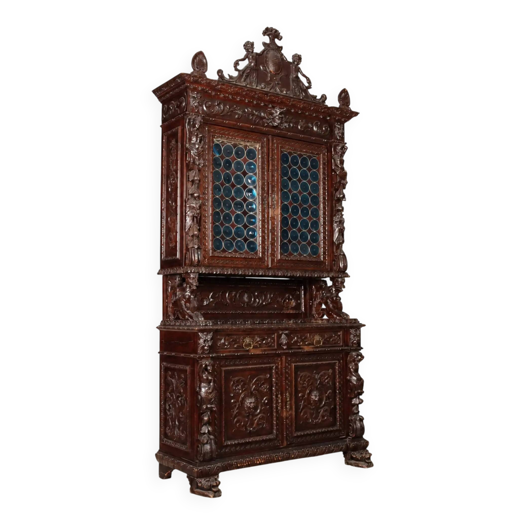 Antique neo-baroque display cabinet carved in walnut, Italy, 19th century