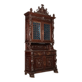 Buffet-vitrine ancien néo-baroque sculpté en noyer, Italie, XIXe siècle