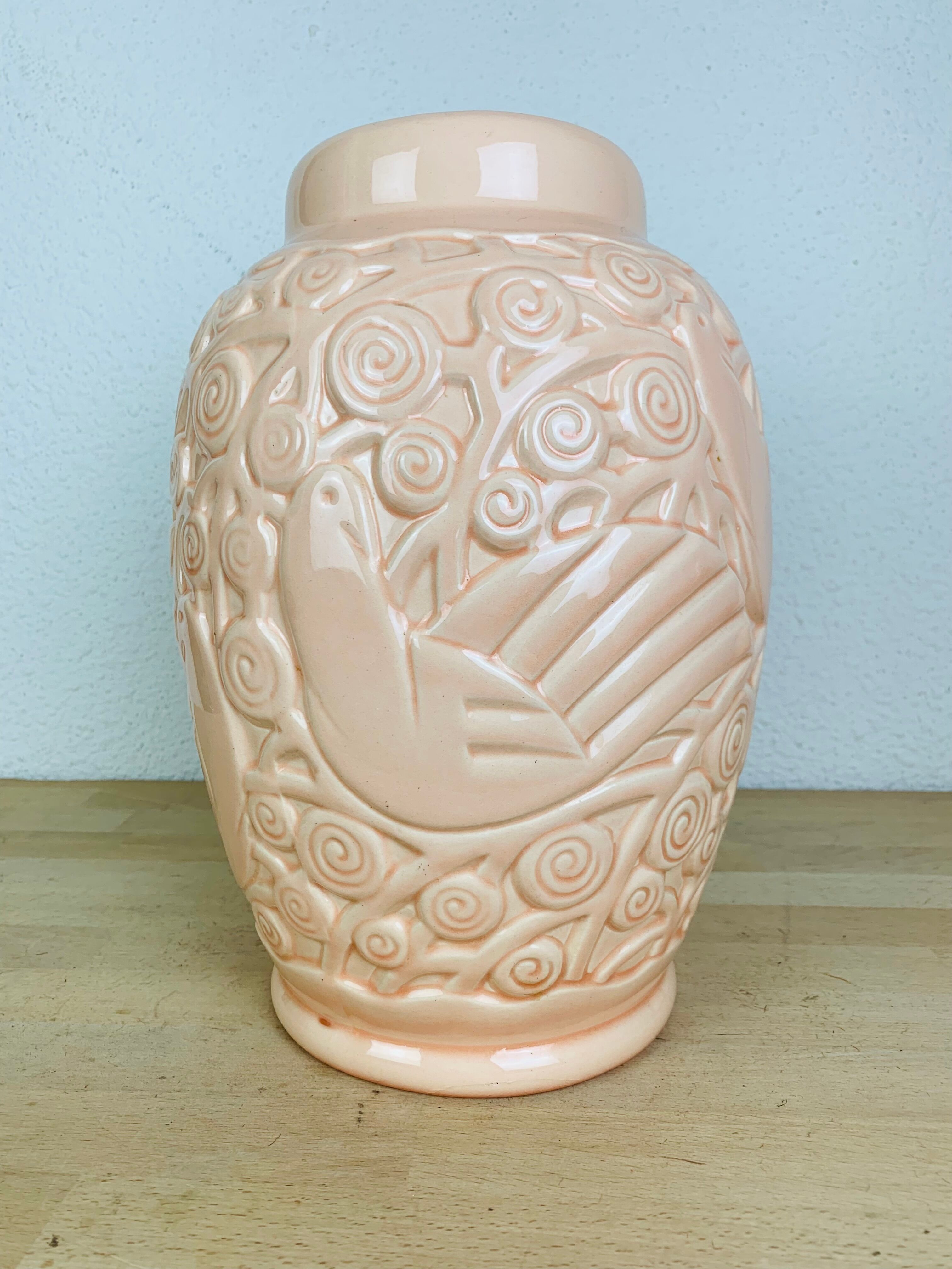 Art deco vase St Clément pigeon model, pink ceramic