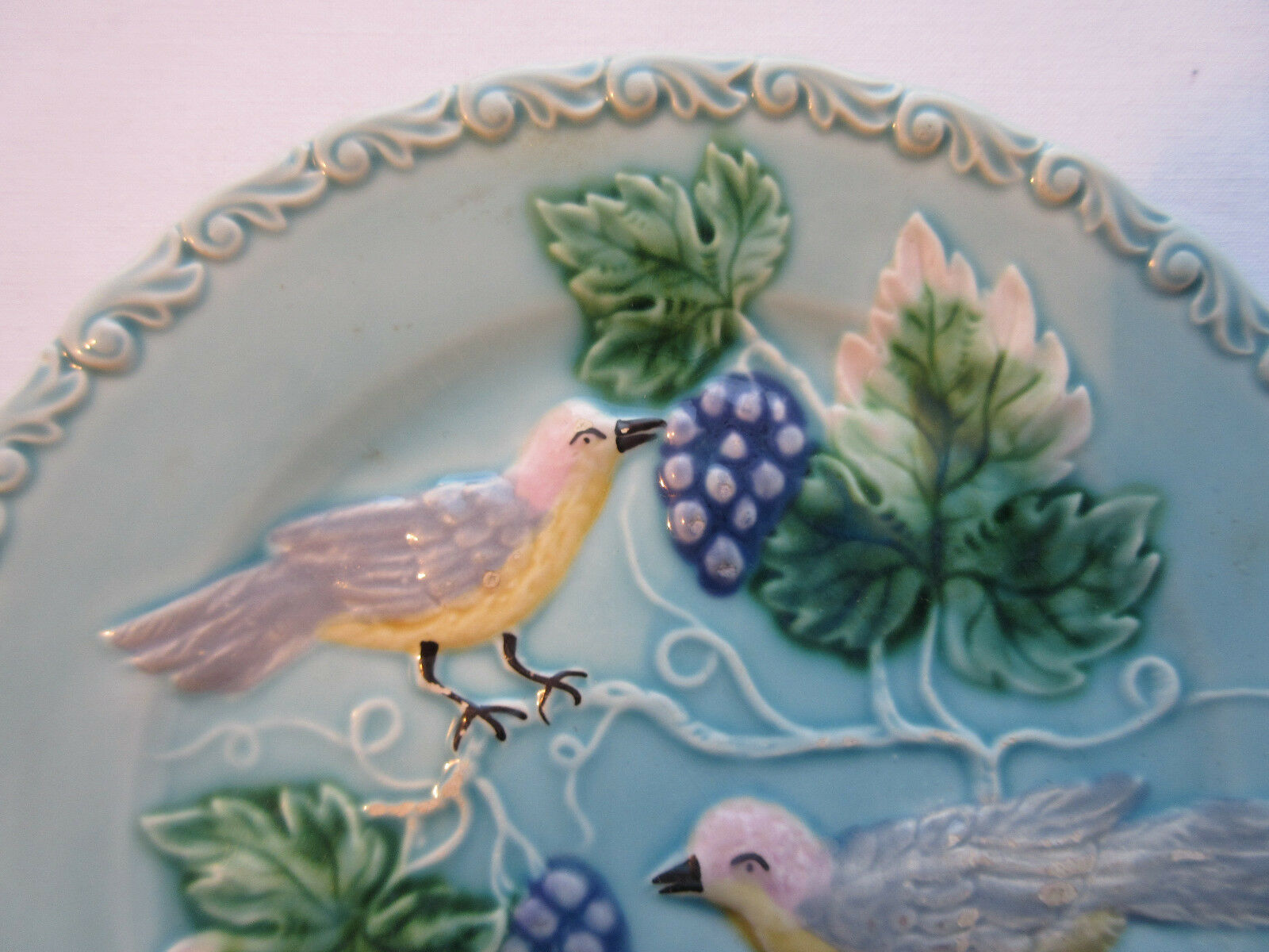 Dabbling Plate Made in Germany: 2 Perched Birds Pecking Grapes