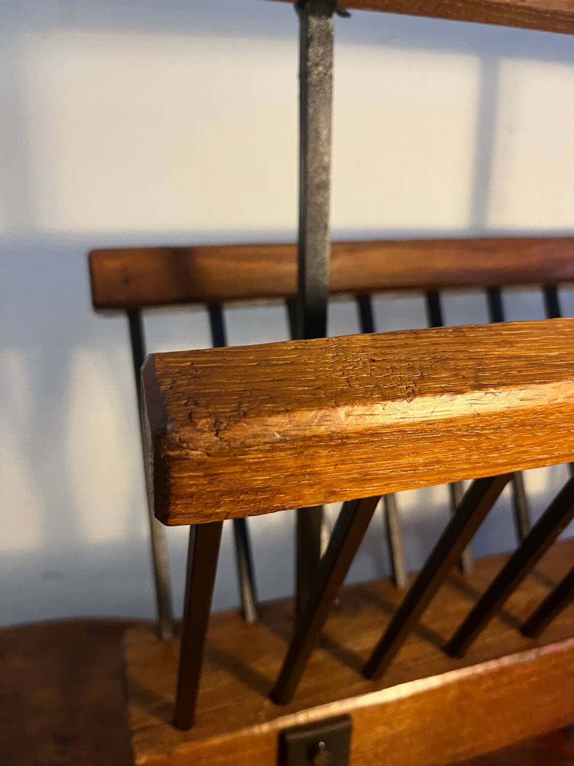 Brutalist magazine rack, solid wood and wrought iron