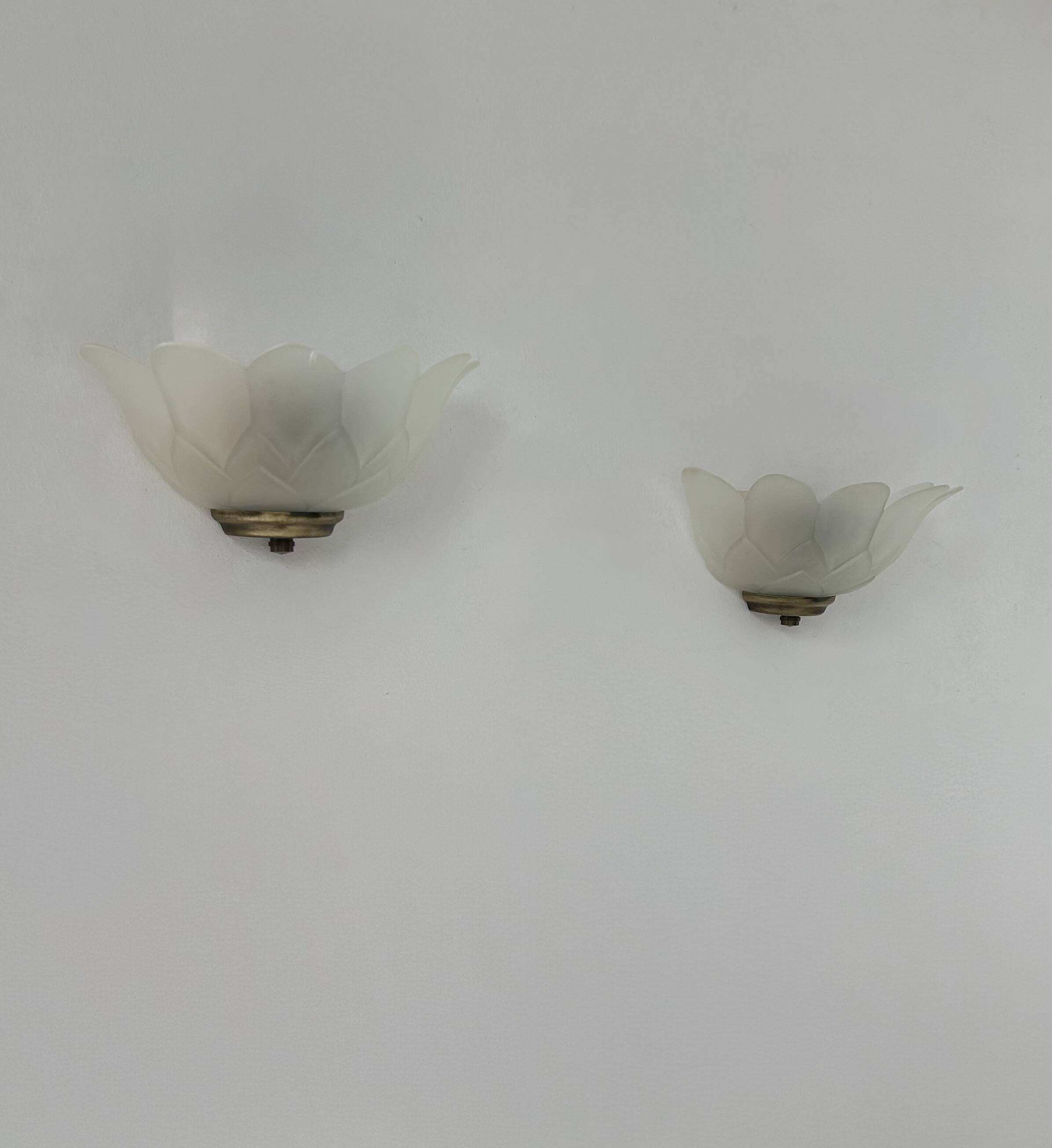 Pair of vintage brass and sandblasted glass wall lights, France, 1970