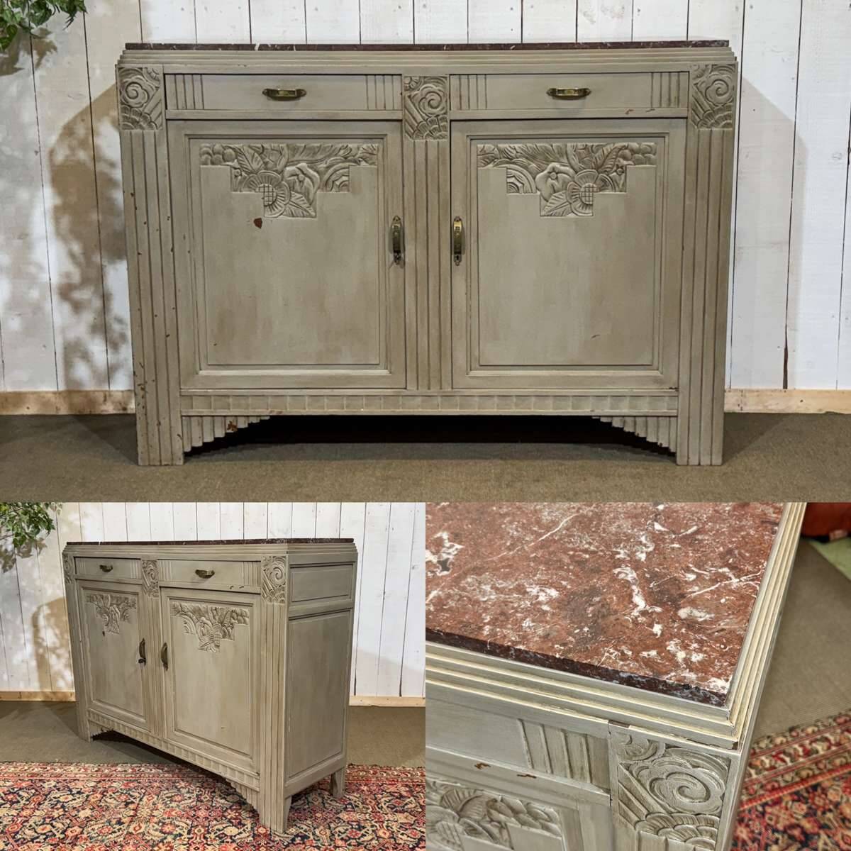 Art Deco sideboard in walnut, oak and marble top.