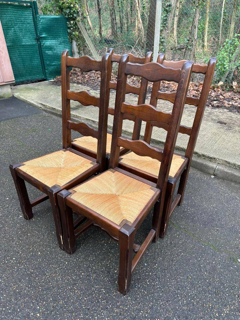 4 dining chairs, solid wood, straw, farmhouse style, dark oak, 20th century, 110cm