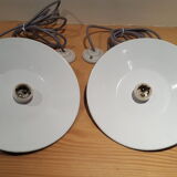 Pair of industrial hangings enamelled sheet metal and porcelain Sockets