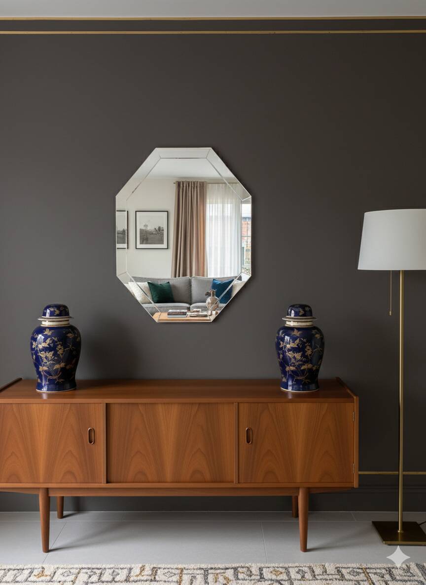 Modernist Octagonal Mirror – Art Glass & Wide Bevel – 1950s/60s