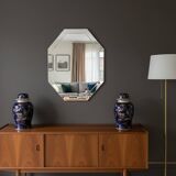 Modernist Octagonal Mirror – Art Glass & Wide Bevel – 1950s/60s